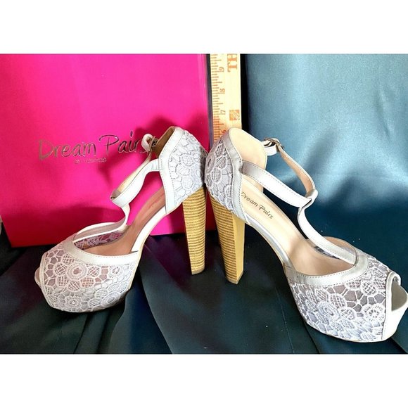Dream Pairs “Laura L” Grey Lace Platform Pump 5” High Heel Shoes, Adj Buckle - Picture 1 of 4